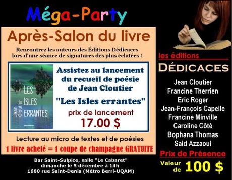 Invitation à l’Après-Salon du livre des Éditions Dédicaces, dimanche le 5 décembre prochain au Bar Saint-Sulpice