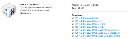 Télécharger le firmware iOS 4.2 Gold Master iPhone, iPod Touch et iPad et iTunes 10.1 Beta 2