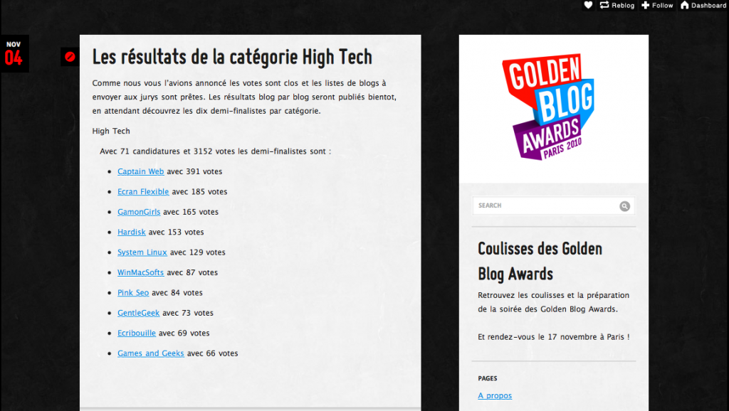 Demi-finaliste des Golden Blog Awards