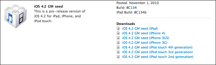 Apple vient de mettre en ligne une nouvelle GM d’iOS 4.2