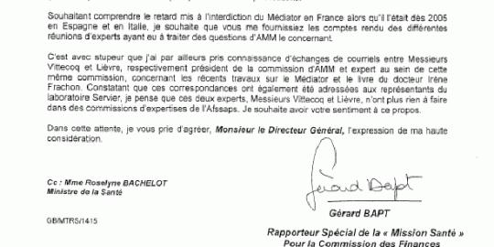 Lettre de M. Bapt à Jean Marimbert, directeur général de l'Afssaps.