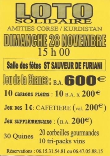 Solidarité : Un loto d'amitié entre Corses et Kurdes ce dimanche à 15h à la Salle des Fêtes St Sauveur de Furiani.