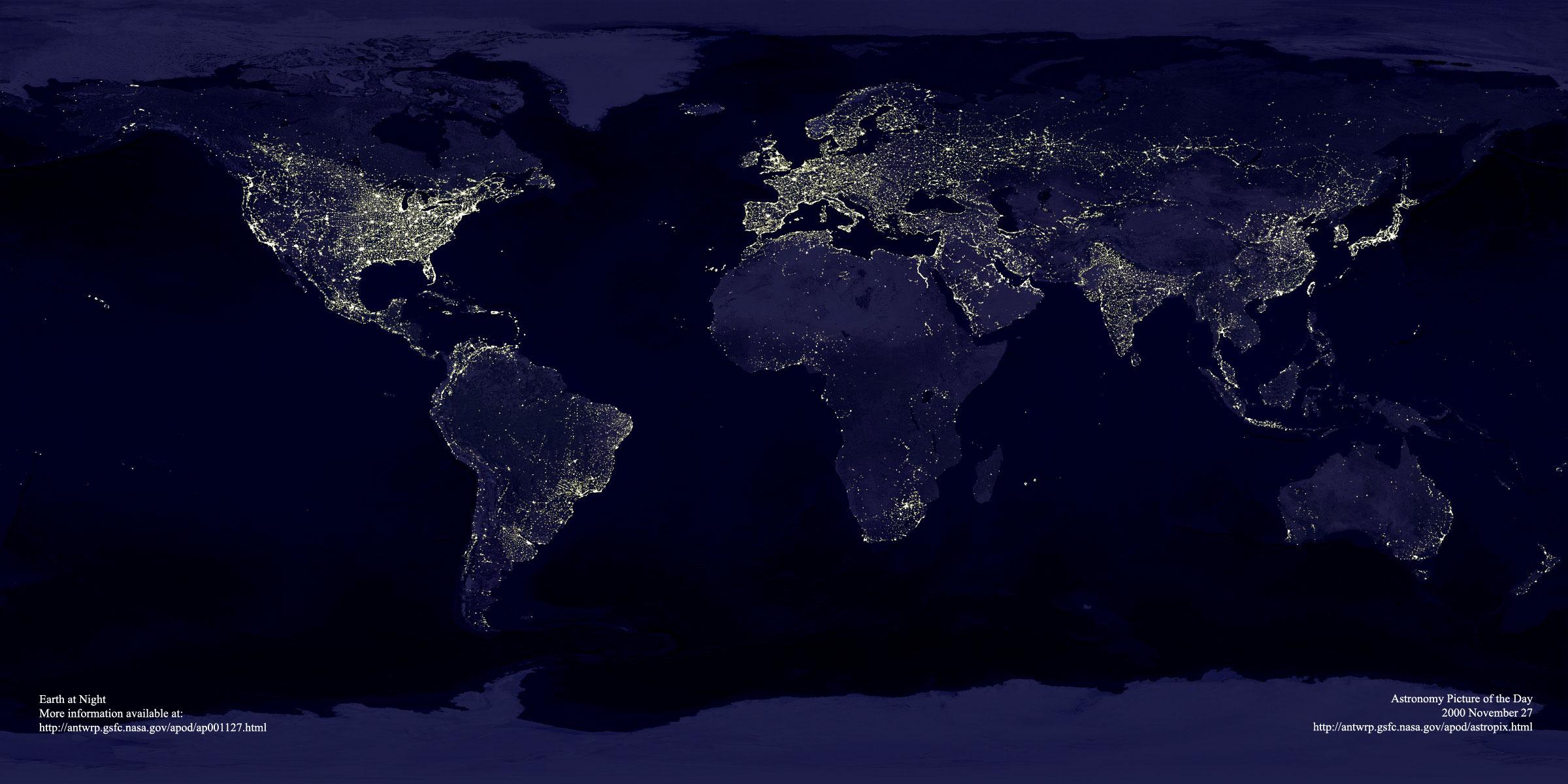earthlights2 dmsp big Le monde, géographiquement, vu par les amitiés Facebook VS la NASA