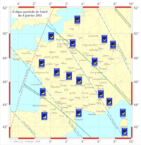 Zone de visibilité en France de l'éclipse partielle du Soleil du 4 janvier 2011