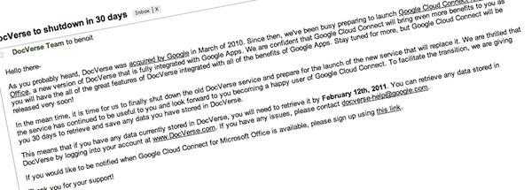 docverse DocVerse fermera dans 30 jours et deviendra Google Cloud Connect