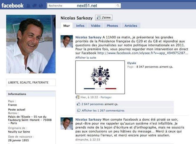Seconde attaque des pirates sur la page Facebook de N.Sarkozy...