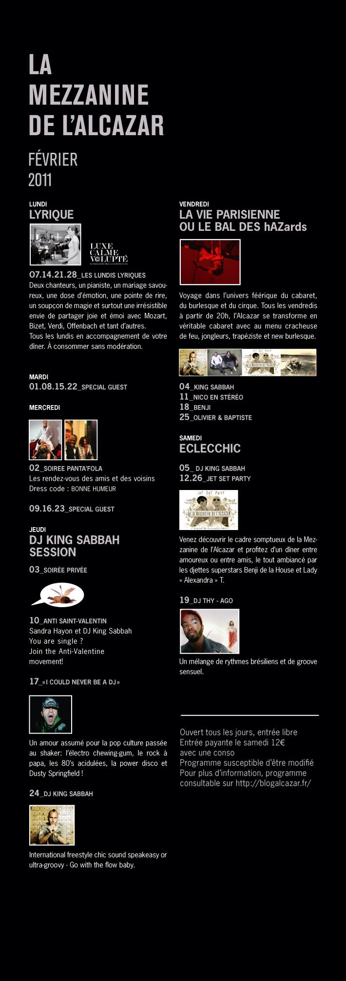Mezzanine de l’Alcazar: Programmation du mois de février
