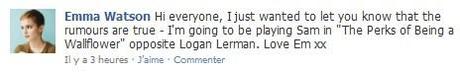 Emma Watson confirmée pour le rôle de Sam dans The Perks of Beinf Wallflower