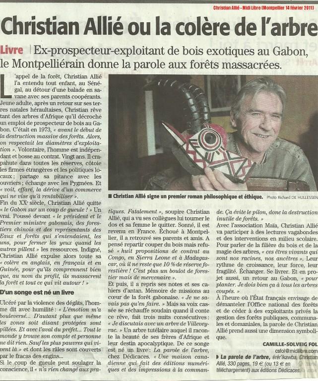 L’auteur Christian Allié, des Éditions Dédicaces, obtient un article dans le Midi Libre, à Montpellier (France)