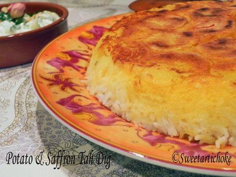 Potato & Saffron Tah Dig (Crunchy Persian Rice) –  Tah Dig aux pommes de terre et safran (Riz persan croustillant)