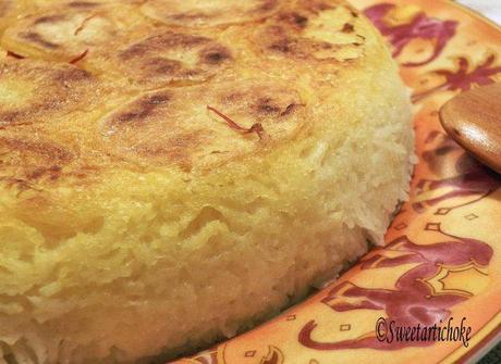 Potato & Saffron Tah Dig (Crunchy Persian Rice) –  Tah Dig aux pommes de terre et safran (Riz persan croustillant)