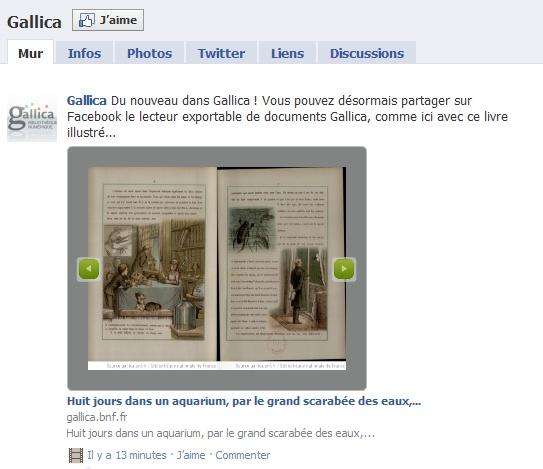 Nouveauté Gallica : publier le lecteur exportable sur son mur Facebook