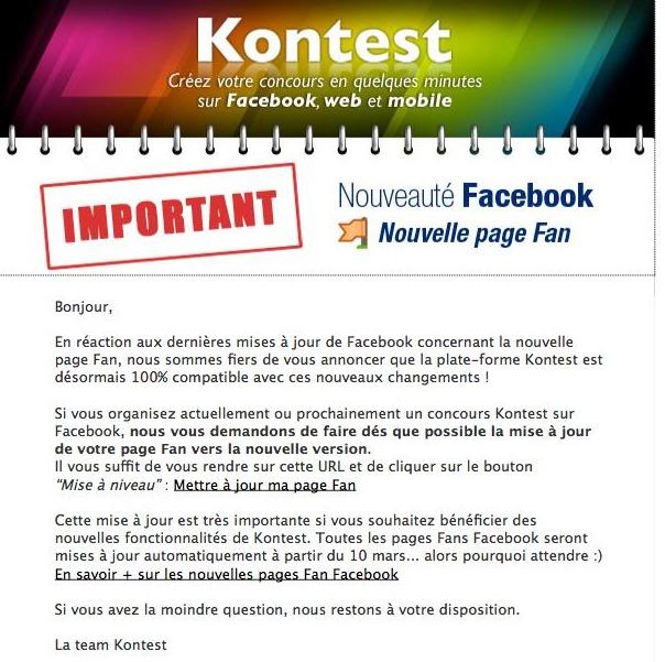 Kontest.com : utilisation d'un emailing pour informer ses utilisateurs d'un changement majeur