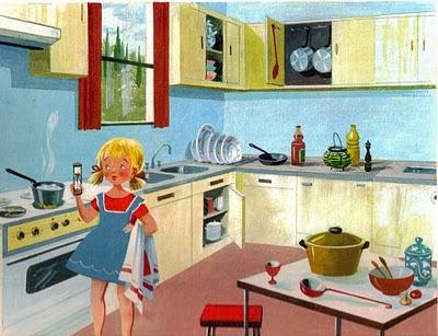 A la cuisine, fanny devant la cuisinière à gaz, regarde un sablier pour savoir quand les oeufs à la coque seront cuits