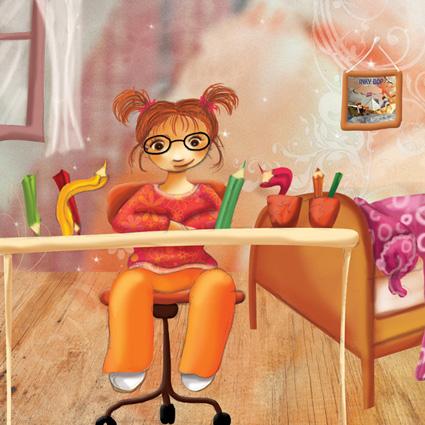 illustration Petite fille avec des couettes et des lunettes assise à son bureau avec des crayons qui dansent