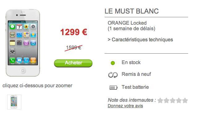 Baisse de prix pour l'iPhone 4 blanc, 1 299 € au lieu de 1 599 €...