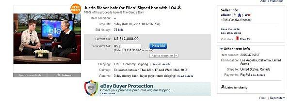 Des cheveux de Justin Bieber à vendre sur eBbay
