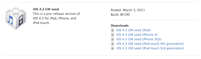L’iOS 4.3 GM disponible pour les développeurs