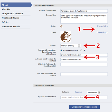 Renseignez les informations de bas de votre application