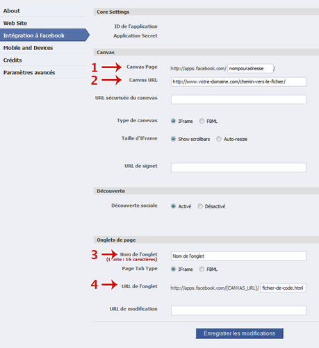 Renseignez les différentes adresses pour votre onglet
