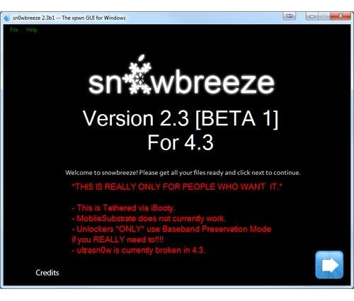 Snowbreeze 2.3 : Jailbreak Tethered iOS 4.3
