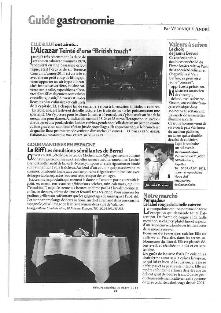 La presse en parle: Guide Gastronomie – Valeurs actuelles – 10 mars 2011