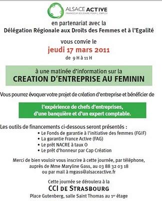 A vos agendas : Le Rendez-vous de La Création d'Entreprise au Féminin,  jeudi  matin 17 mars à  Strasbourg
