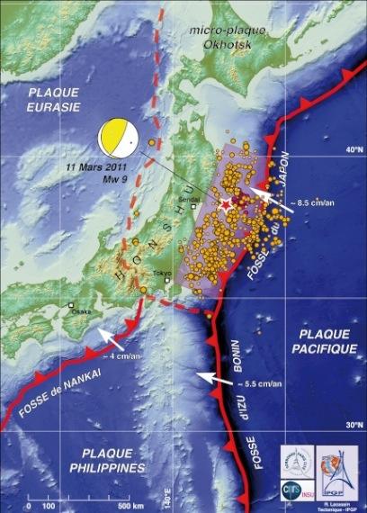 carte épicentre du séisme du 11 mars 2011 au Japon et des répliques