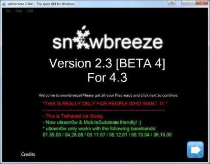 Sn0wbreeze 2.3 bêta 4 disponible pour jailbreak et désimlock iOS 4.3 avec Ultrasn0w Fixer