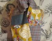 Echarpe en tweed et tissus japonais, tons turquoise et moutarde