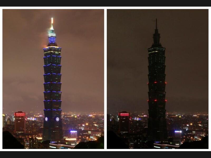 La tour Taipei 101 (508 mètres, 101 étages) dans la capitale de Taïwan présente la particularité d'être éclairée chaque jour d'une couleur différente (rouge le lundi, orange le mardi, jaune le mercredi, vert le jeudi, bleu le vendredi, violet le samedi et rose le dimanche). Pendant une heure ce samedi, elle était noire.