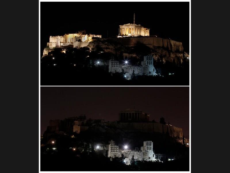 L'Acropole d'Athènes plongée dans le noir. La coupure d'une partie de l'électricité pendant 60 minutes dans plus de 4000 villes de 131 pays représente une économie d'énergie négligeable. Le geste est avant tout symbolique, explique le WWF.