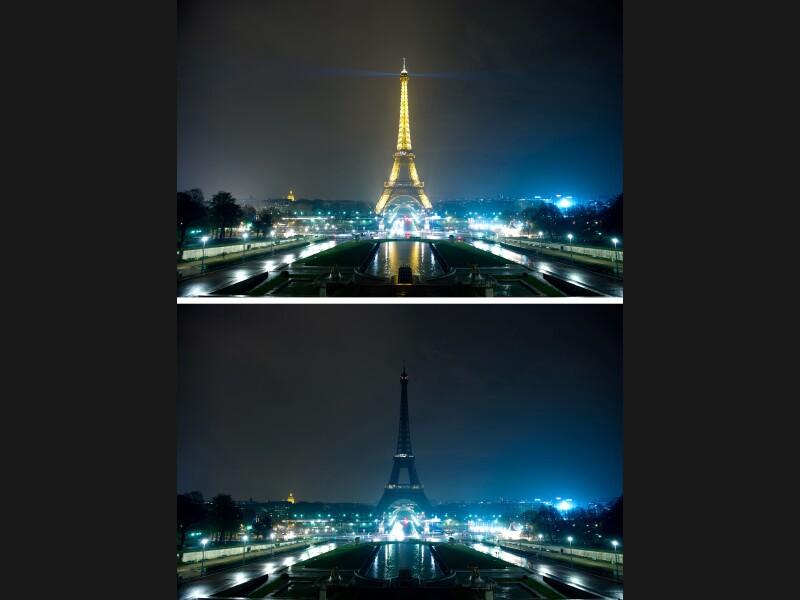 À Paris, la cathédrale Notre-Dame, l'hôtel de Ville, les opéras Garnier et Bastille, de nombreux ponts, fontaines et places de la capitale ont été plongés dans le noir samedi soir à 20h30 pendant une heure pour l'opération «Earth Hour», visant à sensibiliser aux problèmes du réchauffement climatique. La Tour Eiffel n'a été plongée dans l'obscurité que pendant 5 minutes pour des raisons de sécurité. Ce «mouvement de sursaut c'est pour se dire une fois dans l'année, et le vivre tout le reste de l'année, que la meilleure énergie, et en plus ça tombe bien c'est la moins chère, est celle qu'on ne consomme pas», a déclaré la ministre de l'Écologie Nathalie Kosciusko-Morizet.<br></div> <br>Des opposants à l'opération, réunis au sein du «Collectif contre l'obscurantisme», rassemblant différents mouvements libéraux, avaient appelé à une contre-manifestation baptisée «Six minutes pour les lumières» en éclairant à la torche les bâtiments «frappés par l'obscurité», estimant «qu'il est inutile d'éteindre les lumières pour réfléchir».
