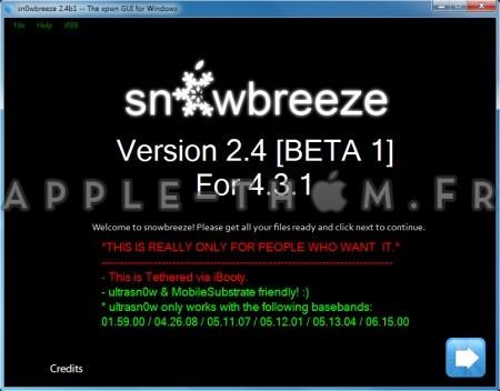 Snowbreeze 2.4b1 est disponible pour jailbreaker l’iOS 4.3.1 et désimlockage