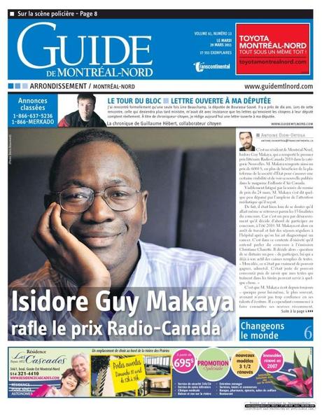 Le lauréat de Radio-Canada, Isidore Guy Makaya, obtient un article dans l’hebdomadaire Le Guide de Montréal-Nord, au Québec