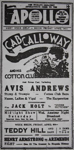 Vendredi 1er avril 1938, pas de blague : ne manquez pas Cab Calloway à l'Apollo !