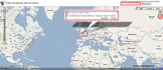 Google Map : Big hole (creuser un trou jusque de l'autre côté de la terre)