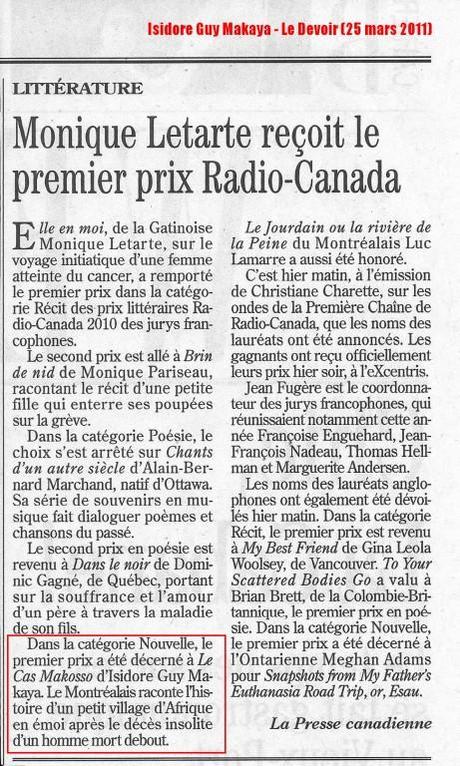 L’auteur Isidore Guy Makaya obtient un article dans le quotidien national « Le Devoir », au Québec