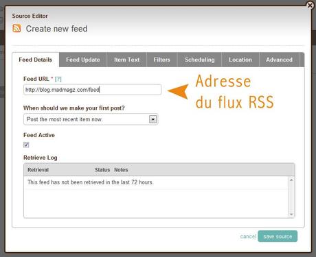 configurer l'adresse de son flux RSS sur dlvr.it