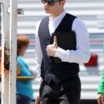 **EXCLUSIVE** THE GUYS OF 'GLEE': Chris Colfer prepares to film scenes on the set of 'Glee' holding onto a can of soda and his ipad