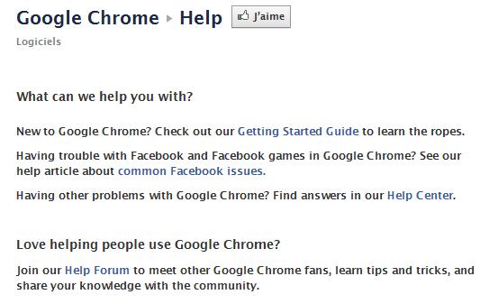 Onglet d'aide de la page Facebook de Google Chrome