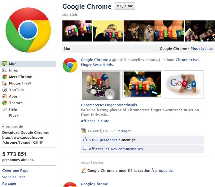Mur de la page facebook de Chrome