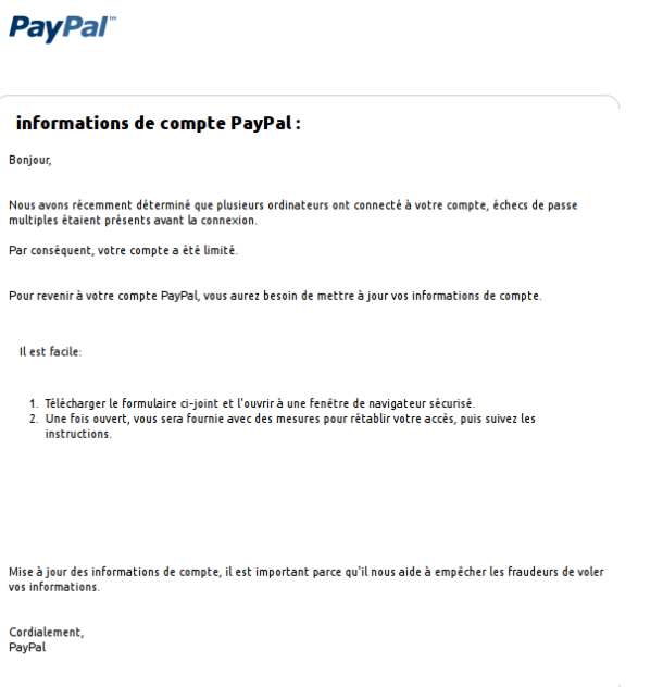 Attention alerte tentative de phishing Paypal par email