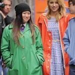 'Glee' in NYC! Jenna Ushkowitz, Dianna Agron and Kevin McHale walk onto the set of 'Glee' filming on location in Times Square