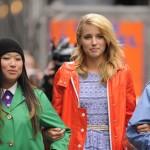 'Glee' in NYC! Jenna Ushkowitz, Dianna Agron and Kevin McHale walk onto the set of 'Glee' filming on location in Times Square