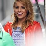 'Glee' in NYC! Dianna Agron is all smiles as she leaves her trailer to film scenes on the set of 'Glee' in Times Square