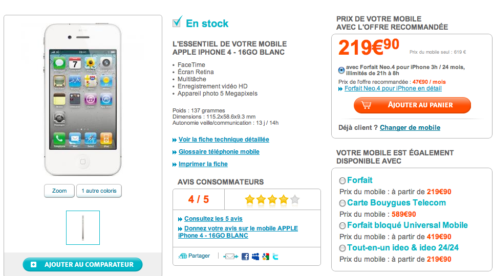 iPhone 4 blanc disponible chez Orange, SFR et Bouygues