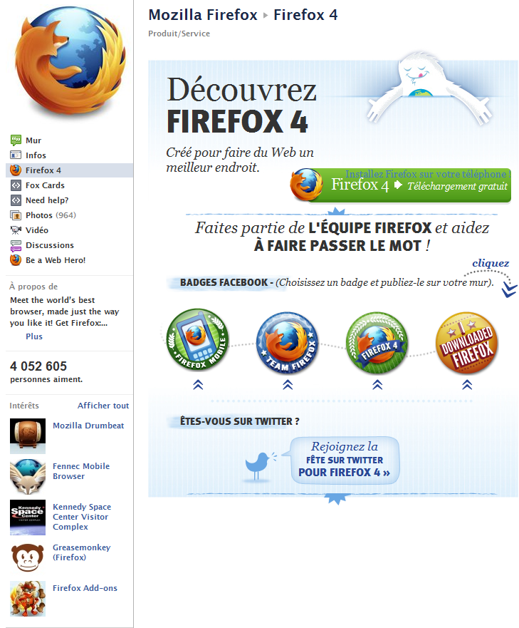 Page facebook de Mozilla Firefox : Onglet d'accueil