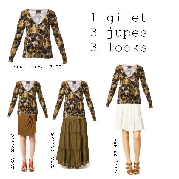 1 gilet VERO MODA, 3 jupes ZARA = 3 looks super sympas !