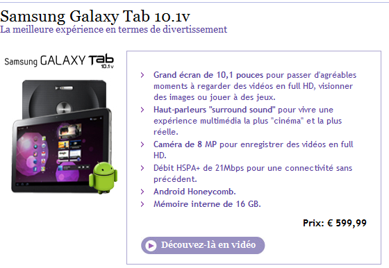 Galaxy Tab 10.1v disponible chez Proximus (Belgique)